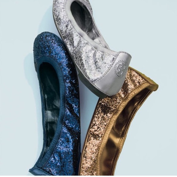 TORY BURCH Eddie Pewter Leather Glitter Ballet Flats - Picture 3 of 15